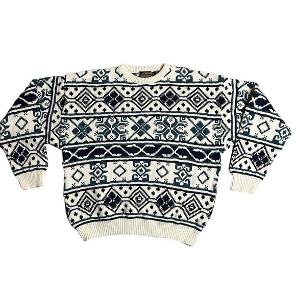 Vintage Eddie Bauer Cable Knit Sweater Mens XL Made in‎ USA Blue White Nordic - Picture 1 of 8